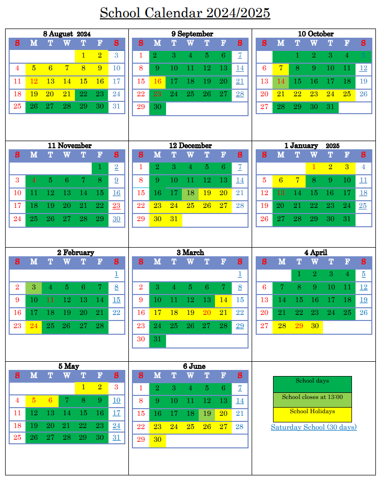 2024/2025 School Calendar